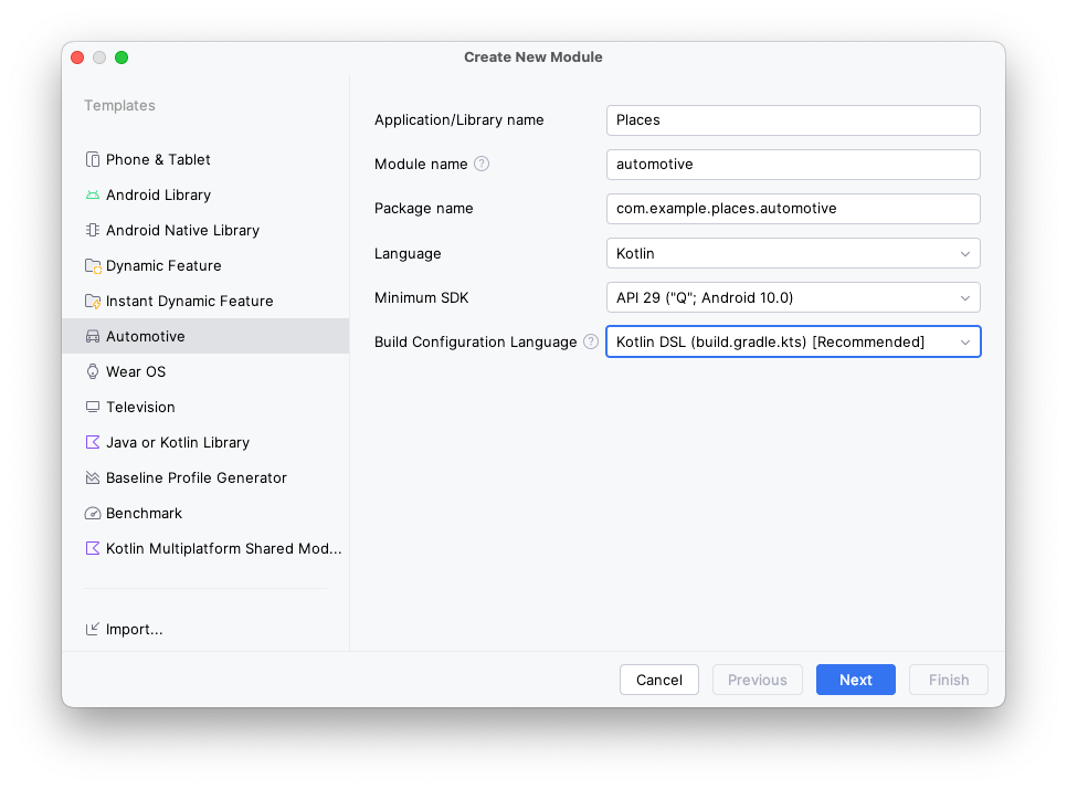 The Create New Module wizard for the Android Automotive OS module showing the values listed in this step.