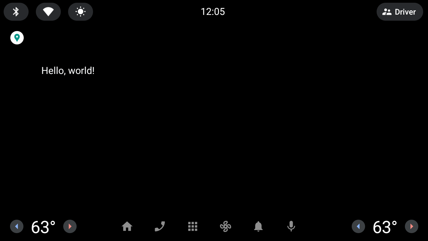The app shows a basic 'Hello, world' screen