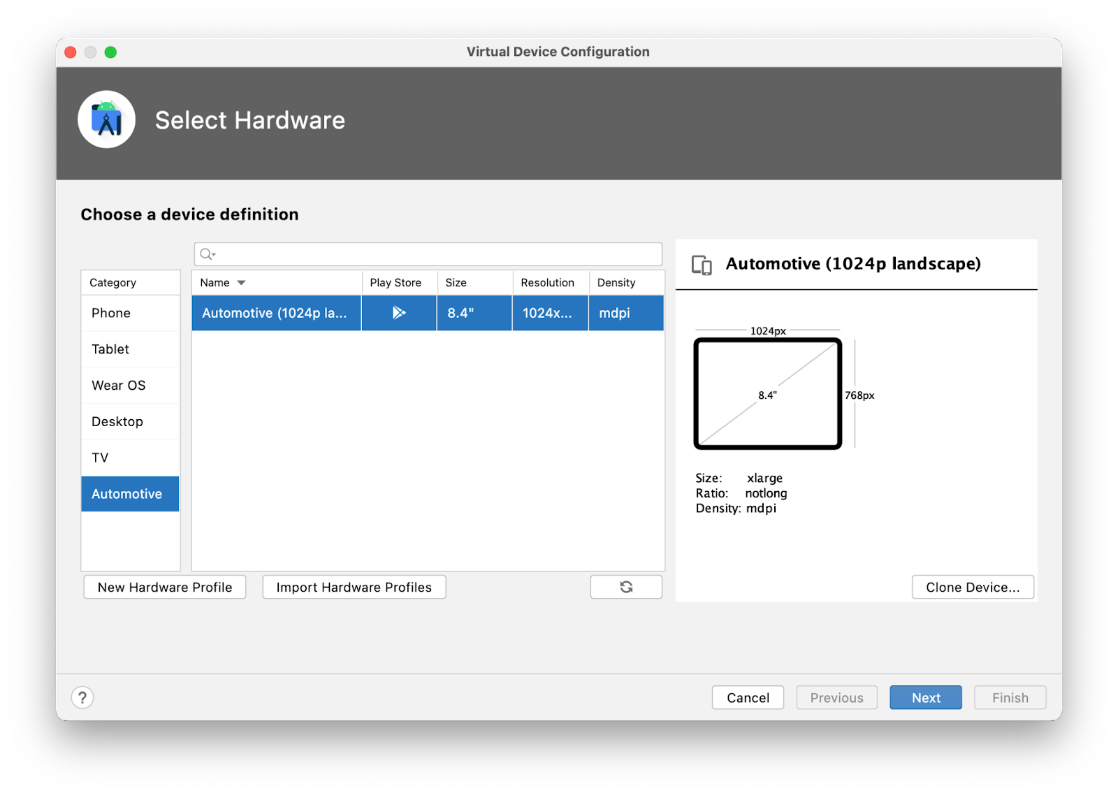 Wizard Virtual Device Configuration yang menampilkan opsi profil hardware &#39;Automotive (1024p landscape)&#39; yang dipilih.