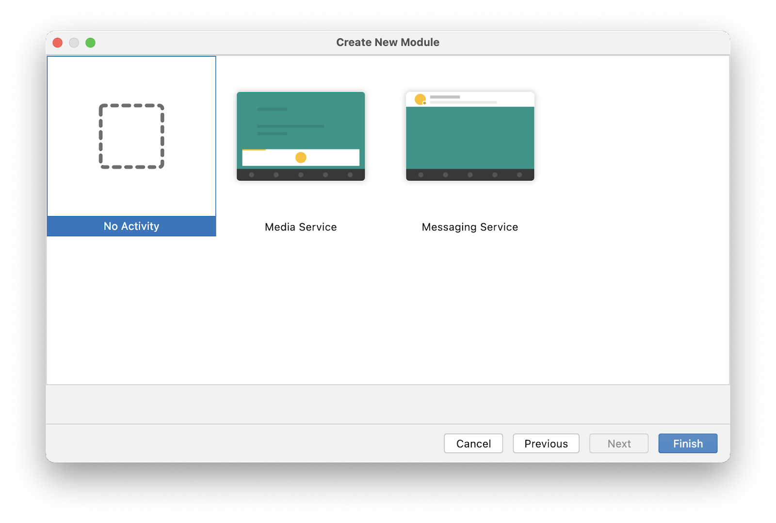 Halaman kedua wizard Create New Module. Ada tiga opsi yang ditampilkan, &#39;No Activity&#39;, &#39;Media Service&#39;, dan &#39;Messaging Service&#39;. Opsi yang dipilih adalah &#39;No Activity&#39;.
