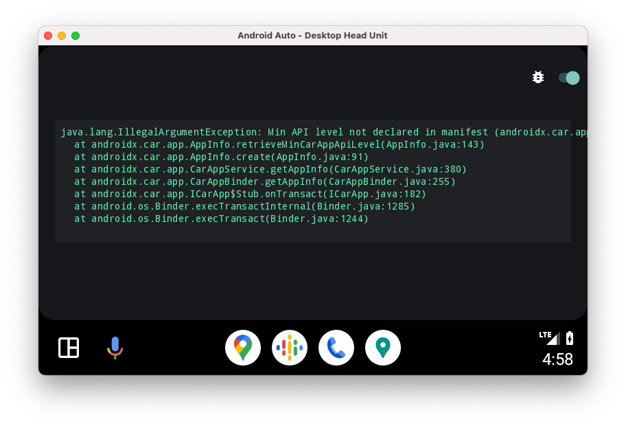 Layar error yang sama seperti gambar sebelumnya, tetapi kini dengan tombol debug yang diaktifkan. Stack trace ditampilkan di layar.