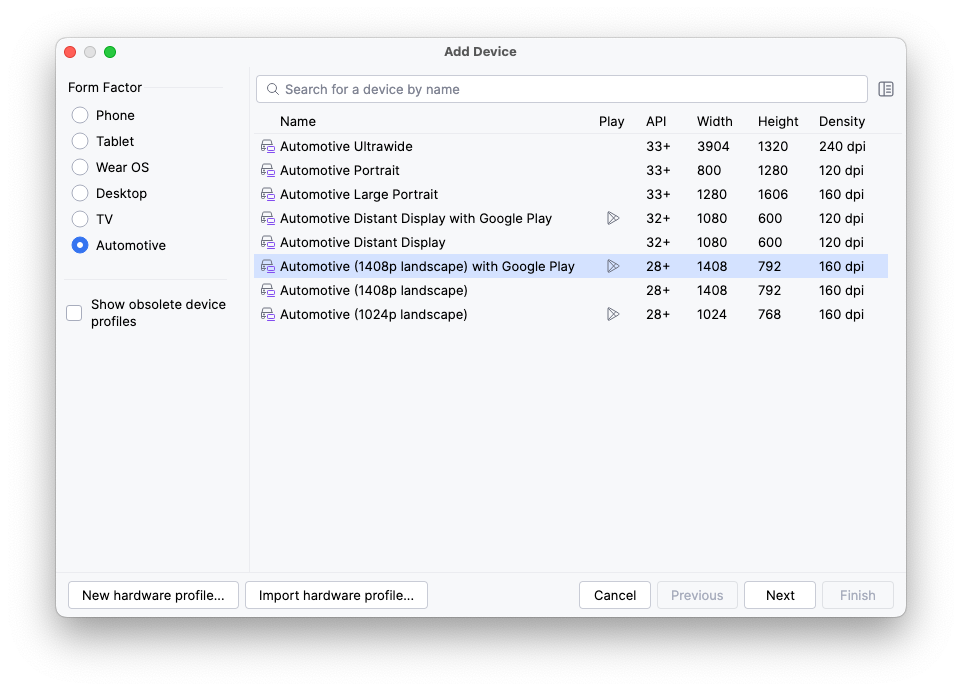 選択したハードウェア プロファイル「Automotive (1024p landscape)」が表示されている Virtual Device Configuration ウィザード。