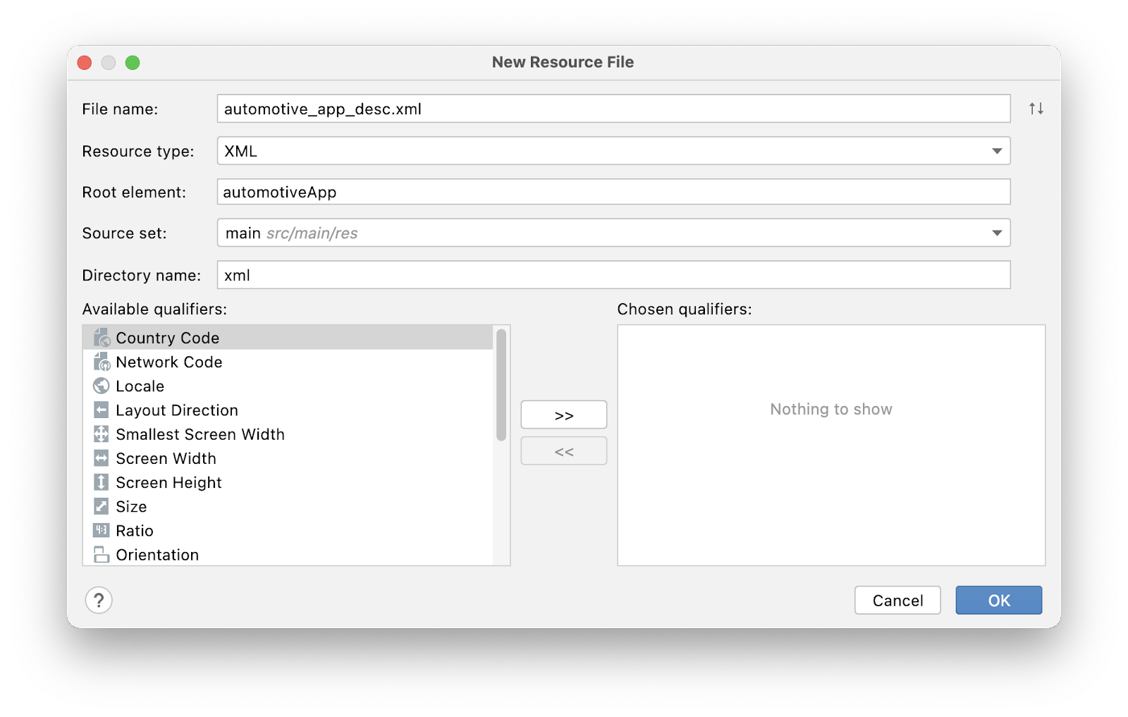 Assistant &quot;New Resource File&quot; (Nouveau fichier de ressources) avec les valeurs décrites ci-dessus. 