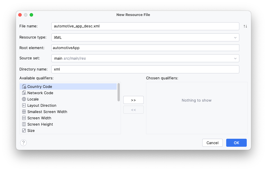 このステップに記載された値が設定済みの New Resource File ウィザード。