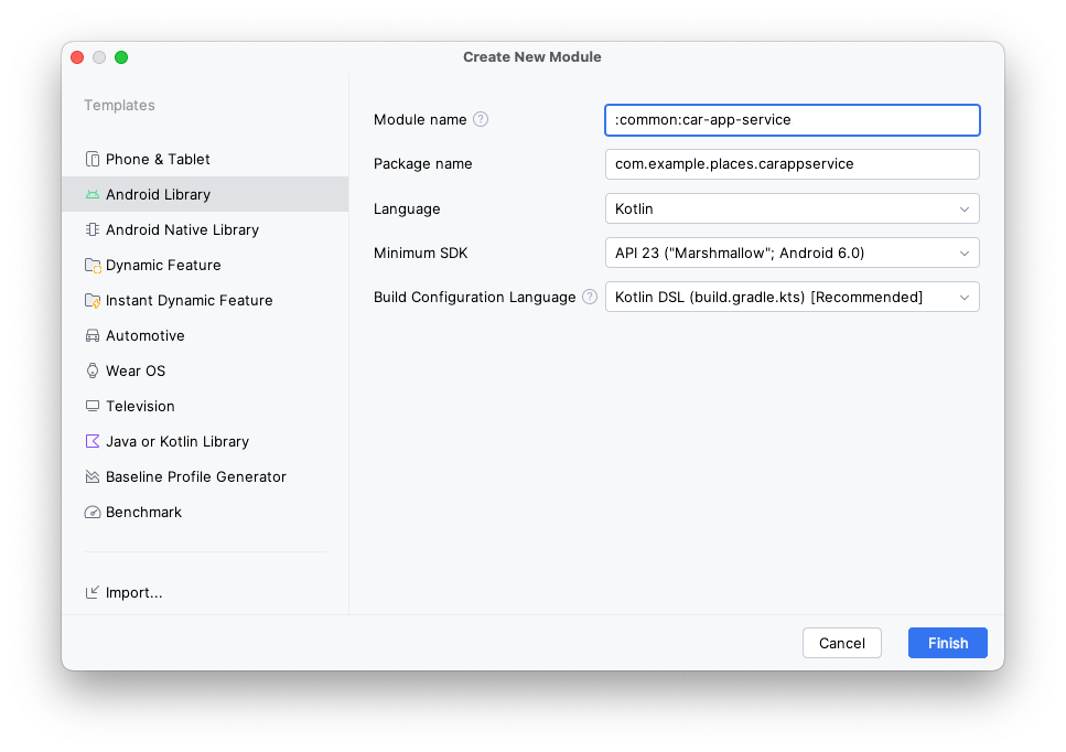 このステップに記載された値が設定済みの Create New Module ウィザード。