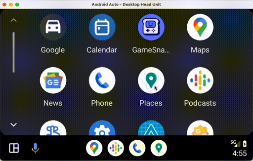 Một bản ghi màn hình cho thấy ứng dụng đang chạy trên Android Auto qua Đầu phát trung tâm máy tính (Desktop Head Unit).