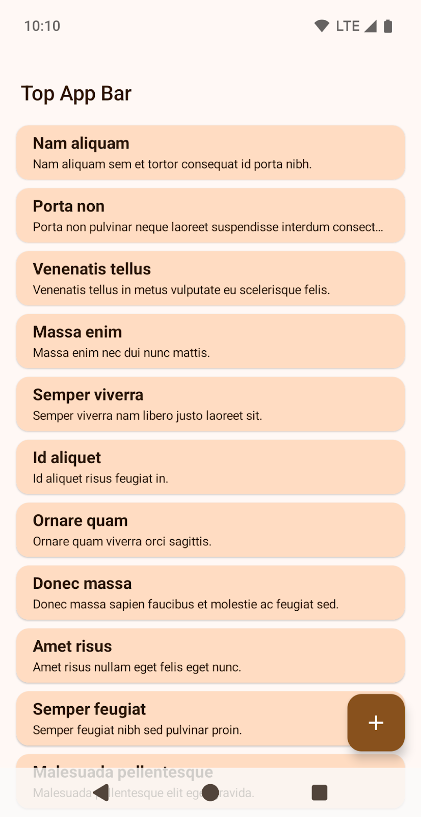 App com o último item da lista ocultado pela navegação com três botões.