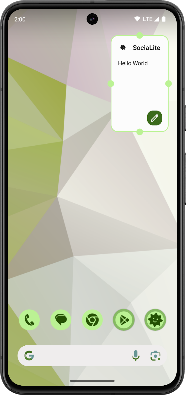 완성되지 않은 위젯이 추가된 Android 홈 화면. 위젯은 배경이 불투명하며 제목이 있습니다.