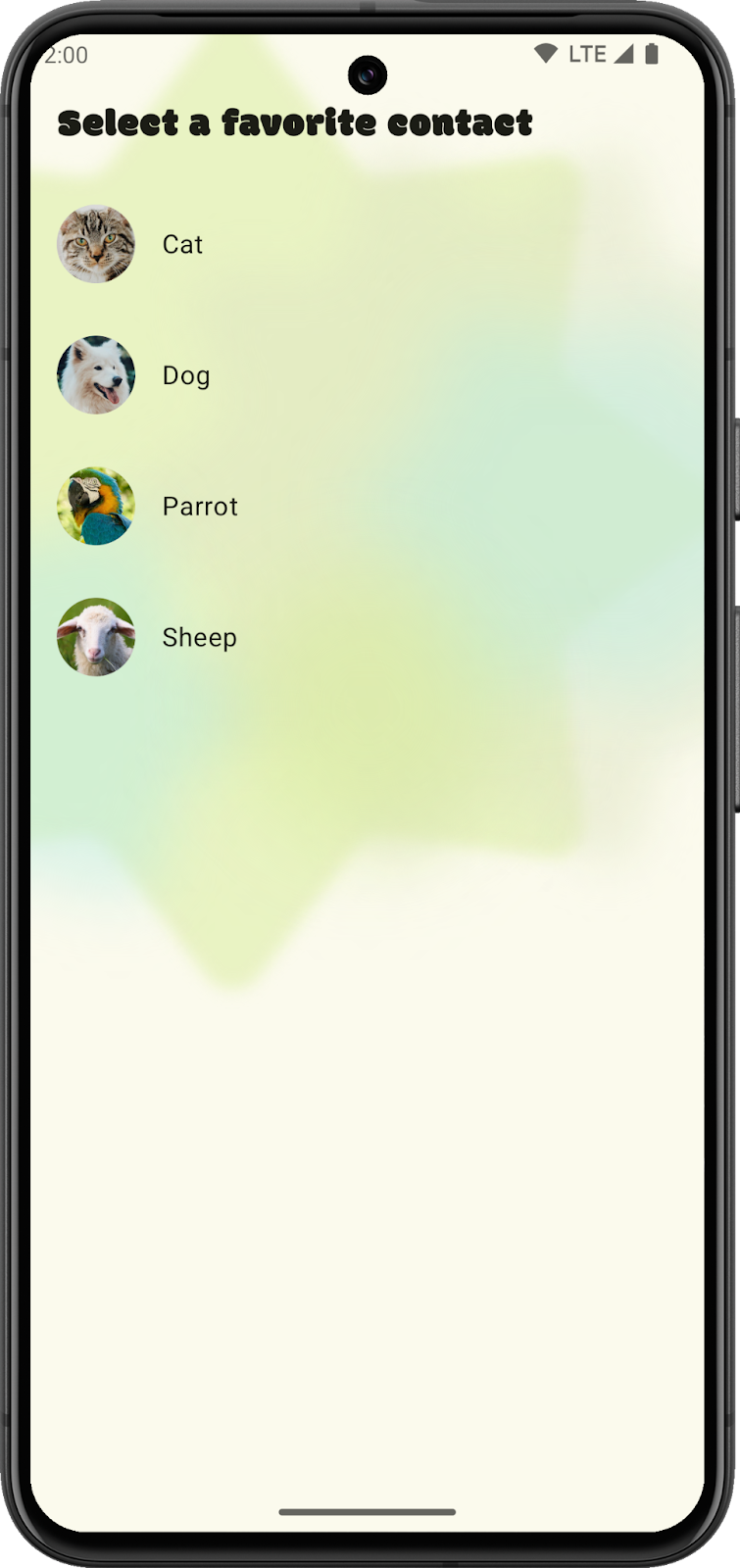 La actividad de configuración de AppWidget de SociaLite muestra 4 contactos para elegir.