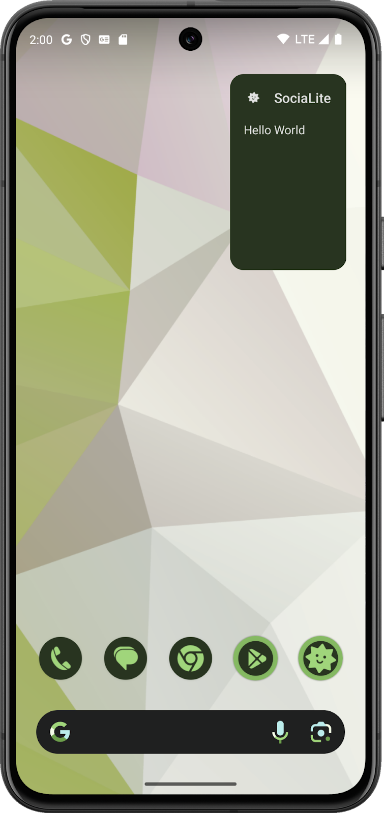 Di Layar Utama Android yang menampilkan widget Halo Dunia dengan tema gelap.