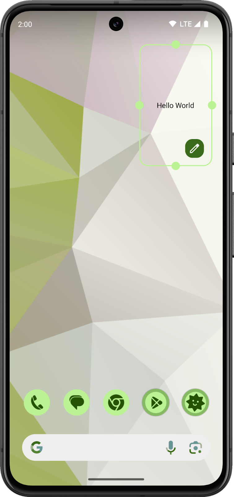 一个 Android 主屏幕，其中显示尚处于开发阶段的 widget。该 widget 是透明的，并显示消息