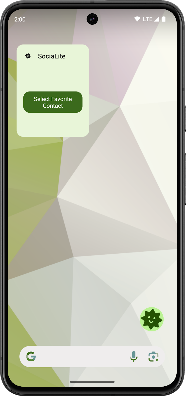 一个 Android 主屏幕，其中显示 Socialite widget 的零状态。零状态只有一个按钮。
