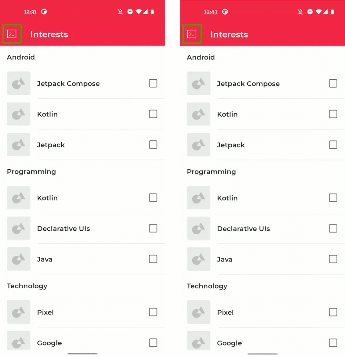 Two screen recordings with TalkBack enabled, tapping a topic in the interests screen. Left screen announces 'Not ticked', while right screen announces 'Not subscribed'.