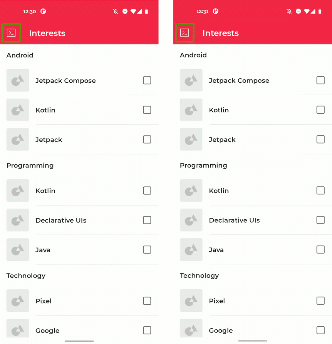 Deux enregistrements d'écran sur lesquels TalkBack est activé, avec affichage de l'écran "Centres d'intérêt" et une liste de sujets sélectionnables. Sur l'écran de gauche, TalkBack sélectionne séparément chaque case à cocher. Sur l'écran de droite, TalkBack sélectionne la ligne entière.