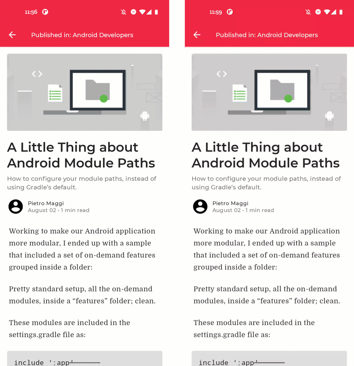 Two screen recordings with TalkBack enabled, tapping the back button in the article screen. Left calls out 'Button—double tap to activate'. Right calls out 'Navigate up—double tap to activate'.