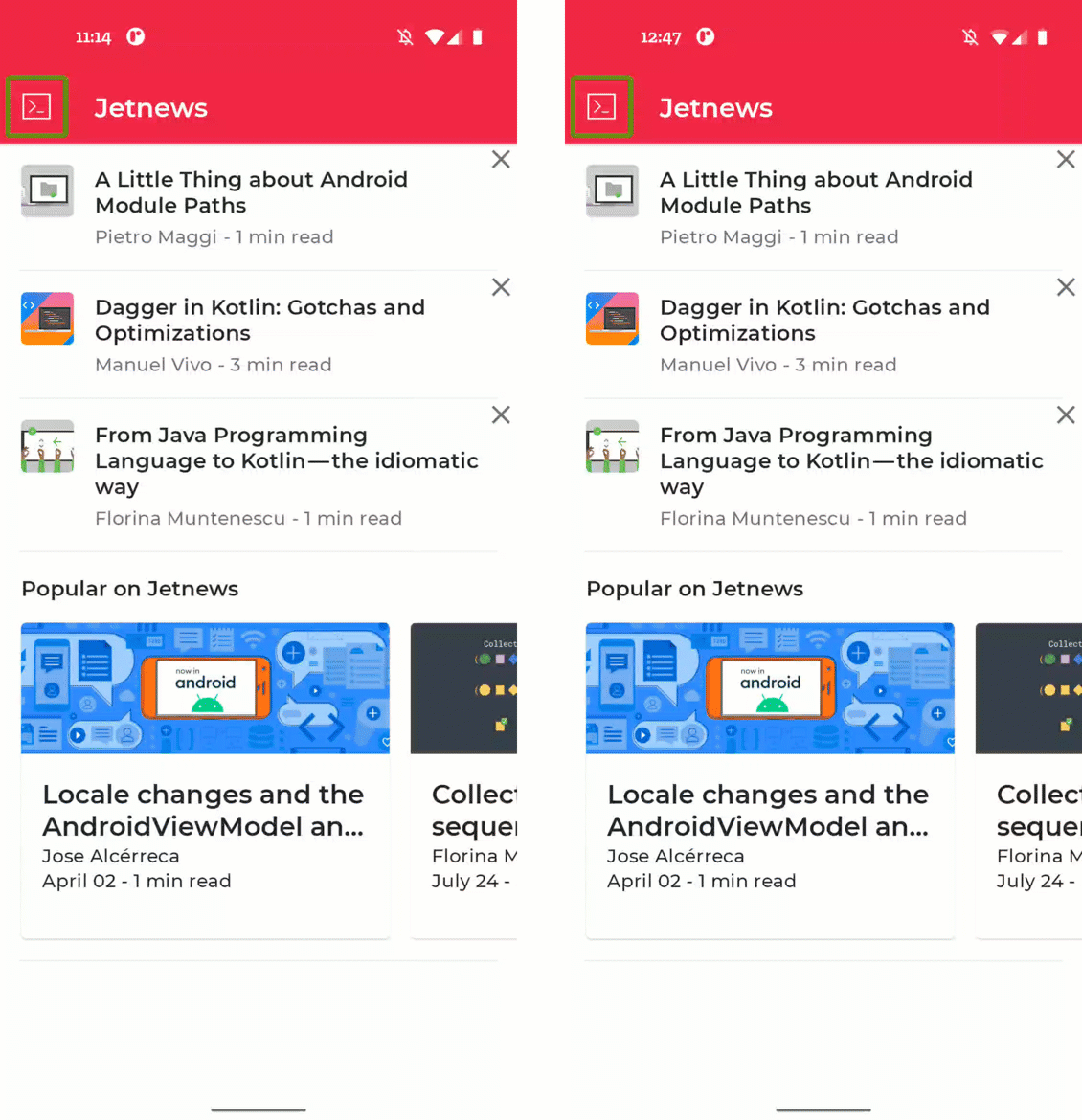 Deux enregistrements d'écran pour lesquels TalkBack est activé. Il est possible d'appuyer sur un article dans une liste verticale et sur un article dans un carrousel horizontal.