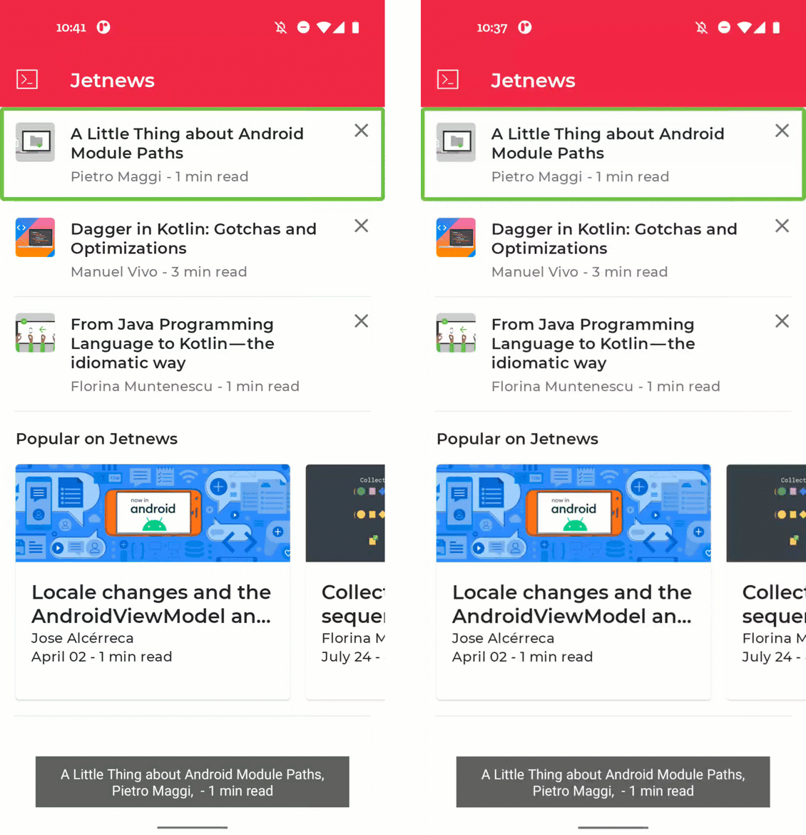 Duas gravações de tela com o TalkBack ativado. A tela à esquerda mostra como o ícone de X no item da postagem pode ser selecionado. Tocar duas vezes abre uma caixa de diálogo. A tela à direita mostra o uso de um gesto de três toques para abrir um menu de ações personalizadas. Tocar na ação &quot;Mostrar menos disso&quot; abre a mesma caixa de diálogo.