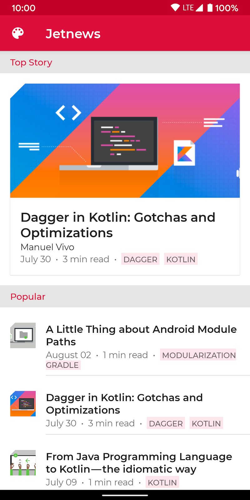 Image montrant Jetnews, une application de lecture d'actualités, après l'application de styles.