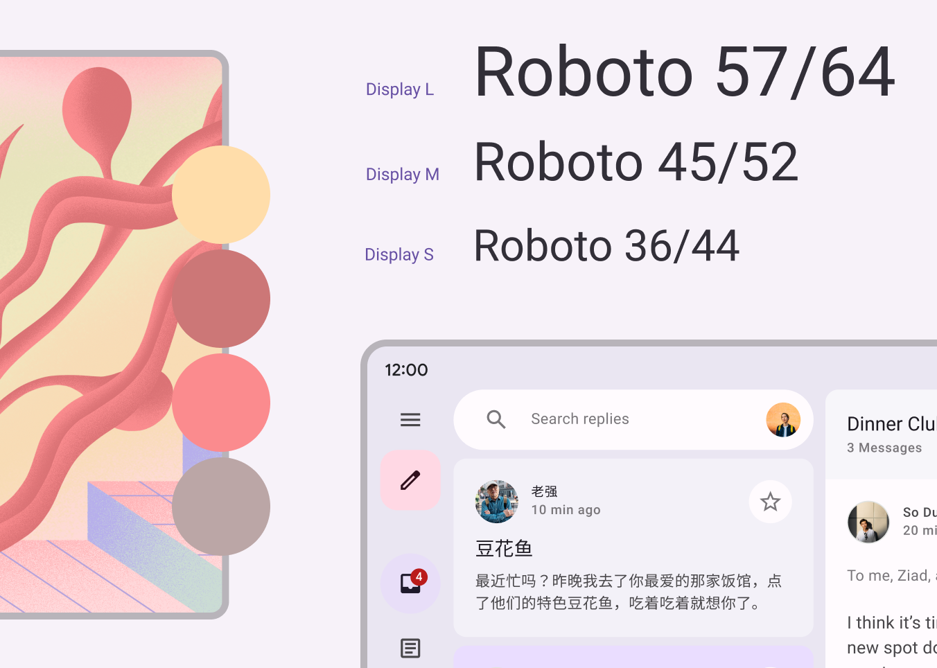 Sous-systèmes de Material Design : couleur, typographie et formes.