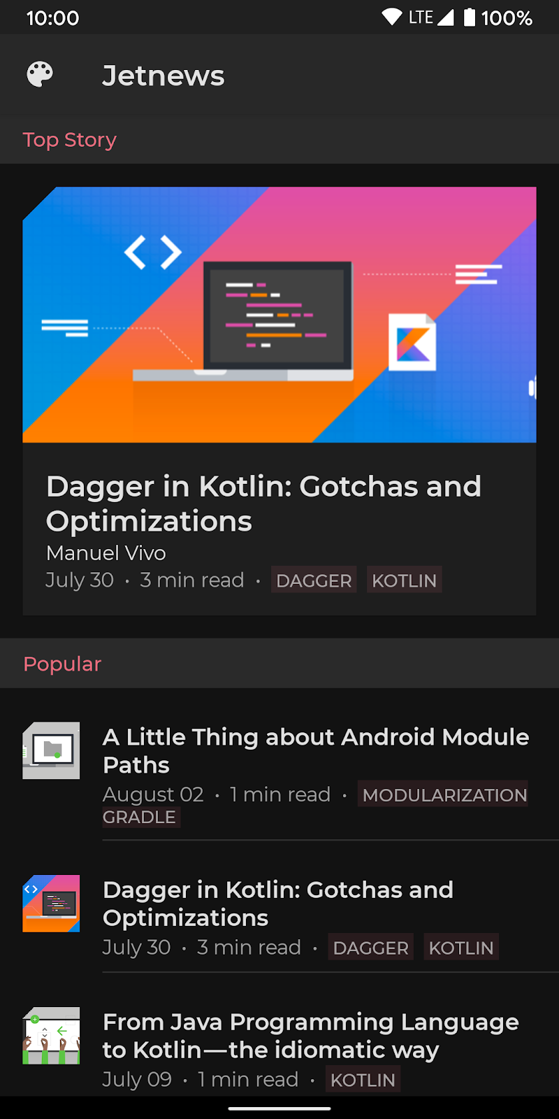 Imagen en la que se muestra Jetnews, una app para leer noticias, con estilo de tema oscuro.
