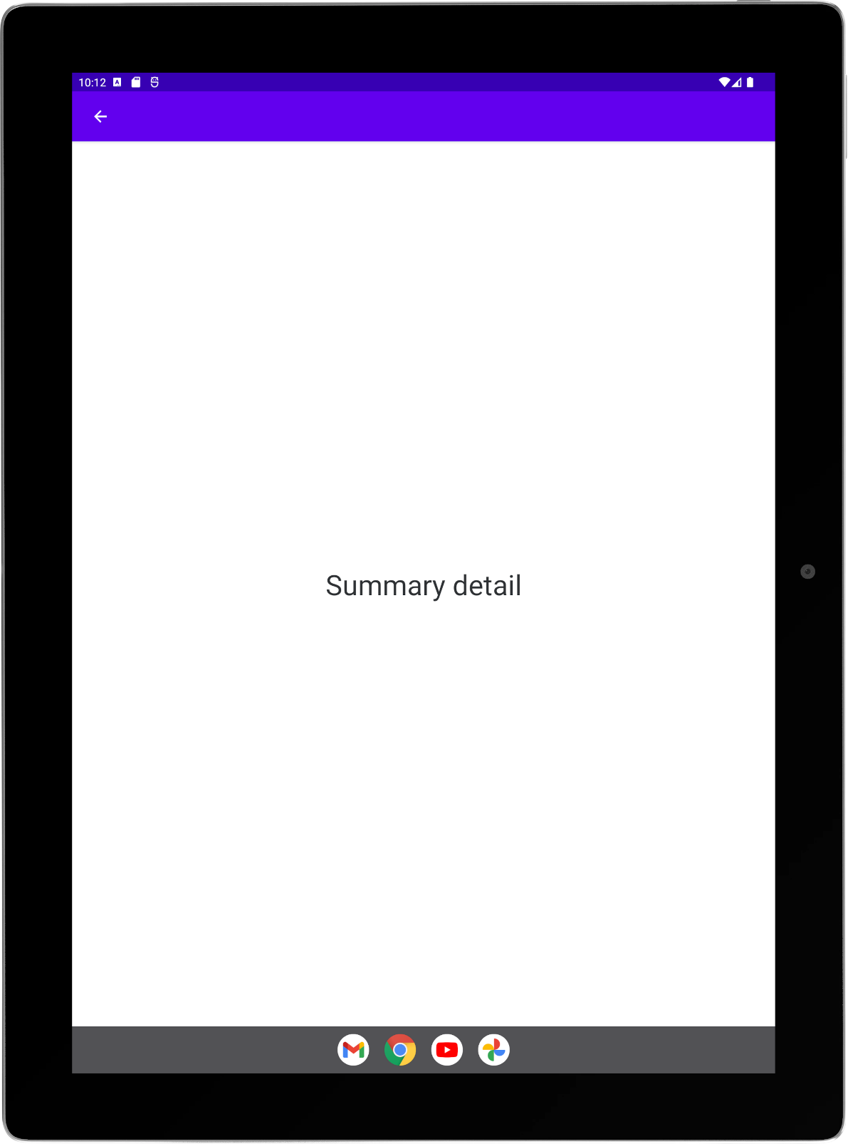 Tablet grande com o app de exemplo em execução na orientação retrato. Atividade de resumo em tela cheia.