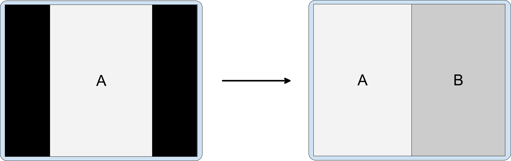 在橫向螢幕上對僅支援直向模式的應用程式使用活動嵌入功能。兩側有黑邊且僅支援直向模式的活動 A 會啟動嵌入活動 B。