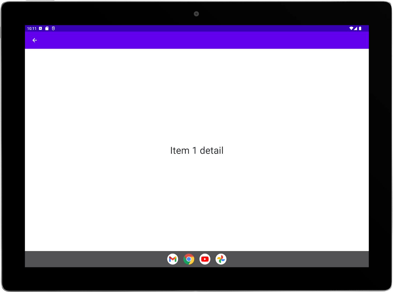 Grande tablette avec une application exemple exécutée en mode paysage Activité "Détail" en plein écran