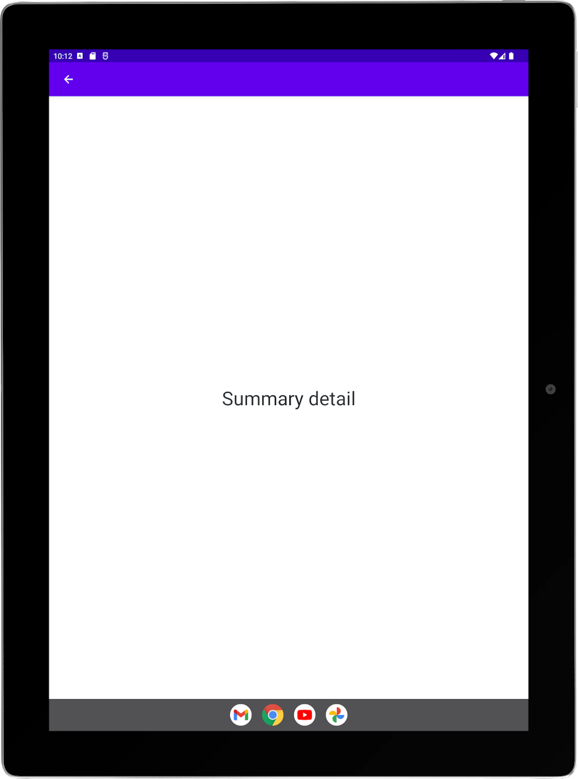 Grande tablette avec une application exemple exécutée en mode portrait Activité "Summary" (Résumé) en plein écran