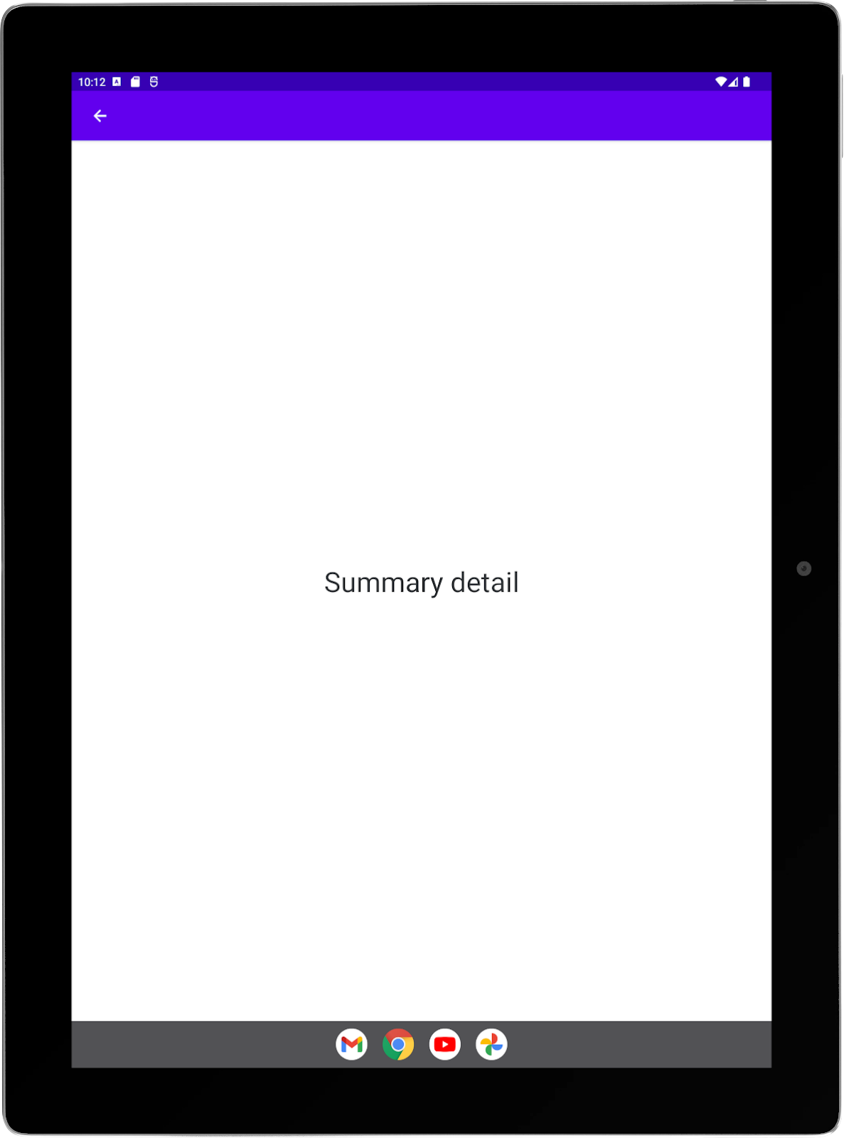 Grande tablette avec une application exemple exécutée en mode portrait Activité "Summary" (Résumé) en plein écran