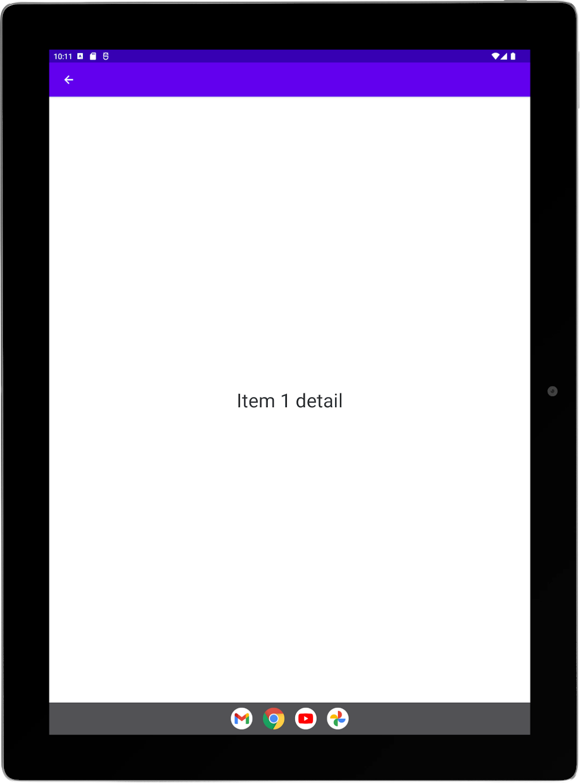 Grande tablette avec une application exemple exécutée en mode portrait Activité "Détail" en plein écran