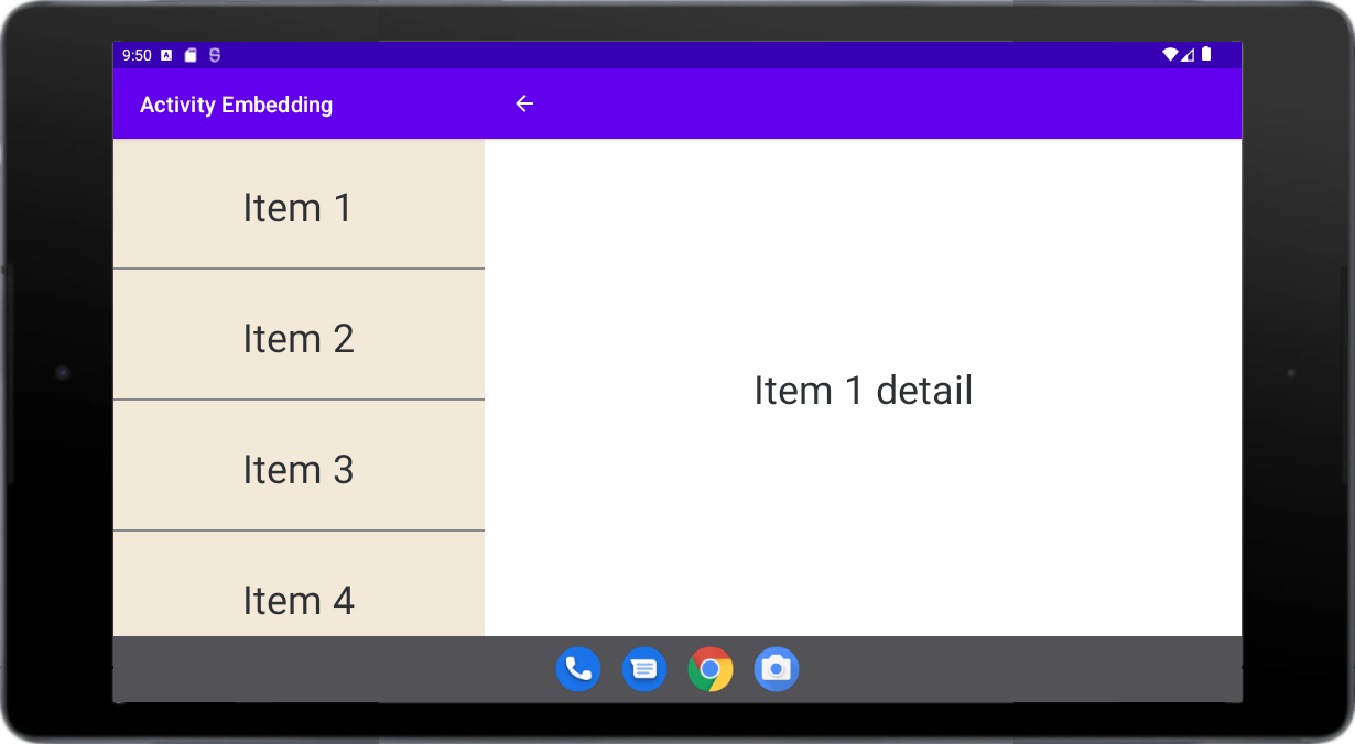 List and detail activities side by side in landscape orientation on small tablet.