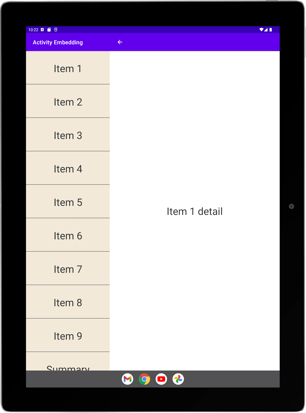 Atividades de lista e detalhes lado a lado na orientação retrato em um tablet grande.