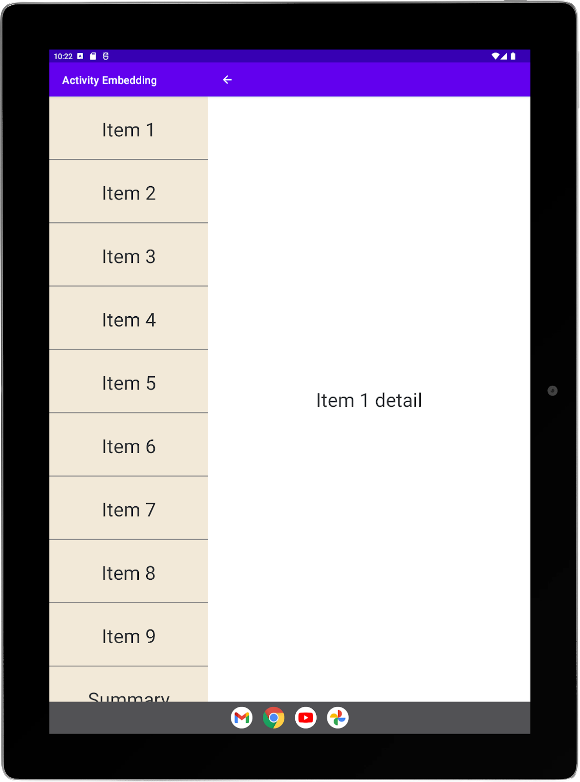 Activités "Liste" et "Détail" côte à côte en mode portrait sur une grande tablette