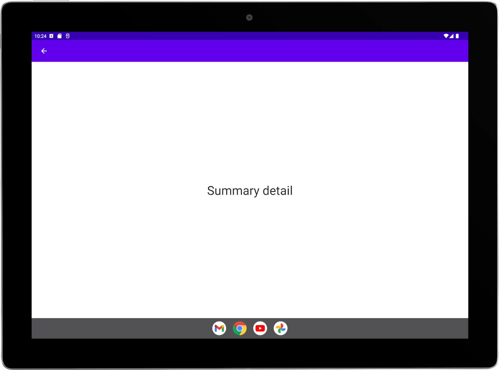 Grande tablette avec une application exemple exécutée en mode paysage Activité "Summary" (Résumé) en plein écran