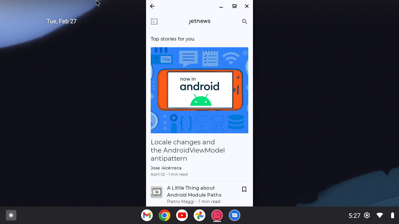 The app is running on a Desktop emulator in a compact window. The article list is displayed.
