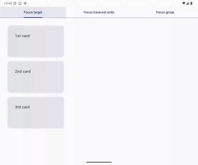 The GIF animation shows keyboard focus movement after the modification.. It moves from the 1st card when the user press the Tab key on the 1st card.