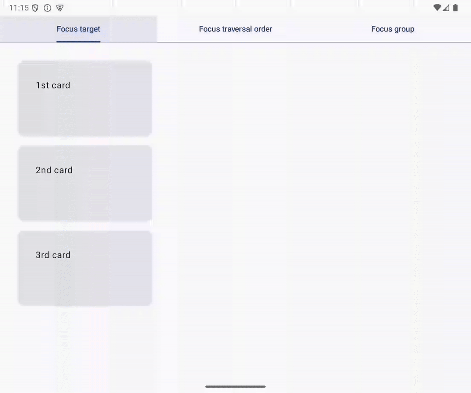 A animação em GIF mostra que o usuário precisa pressionar a tecla Tab três vezes depois de selecionar a guia para mover o foco do teclado para o primeiro card na guia.