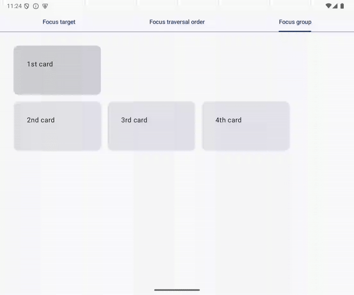 Animasi GIF menunjukkan fokus keyboard berpindah ke kartu ke-2 dari kartu ke-1 meskipun kartu ke-3 sebelumnya difokuskan.