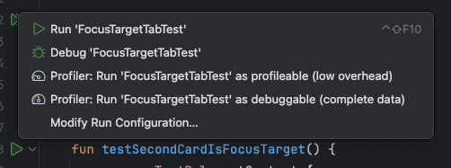 Android Studio muestra un menú contextual para ejecutar "FocusTargetTabTest".