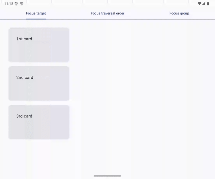 この GIF アニメーション ファイルは、キーボードのフォーカスが UI 要素間を移動する様子を示しています。3 つのタブを移動した後、1 番目のカードにフォーカスが移動します。