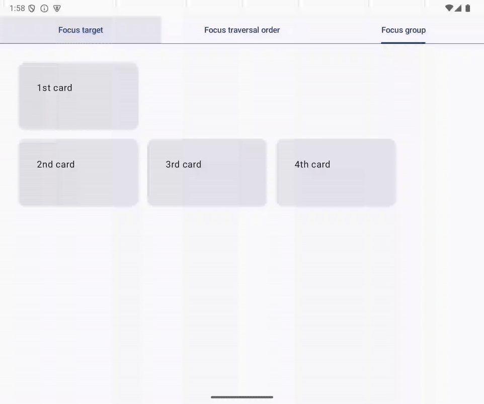 O GIF mostra que o foco se move para o primeiro card da guia "Focus target" com a tecla de direção para baixo e depois volta para a guia com a tecla de direção para cima. Esses dois alvos de foco são os mais próximos verticalmente.