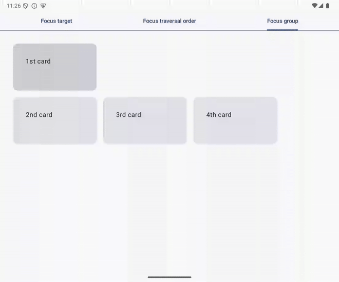 La animación GIF muestra que el enfoque del teclado se mueve a la tarjeta seleccionada anteriormente en una fila cuando el enfoque del teclado vuelve a ingresar.