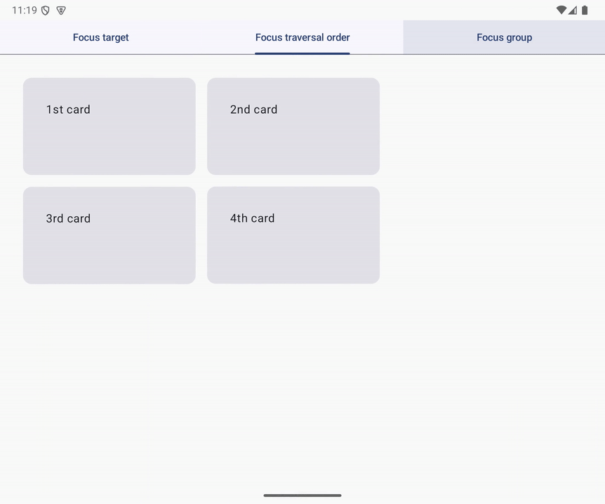 La animación GIF muestra que el enfoque del teclado se mueve de manera diferente a las expectativas del usuario.  Se mueve de la primera tarjeta a la tercera, luego a la cuarta y a la segunda. Puede ir en contra de la expectativa del usuario.