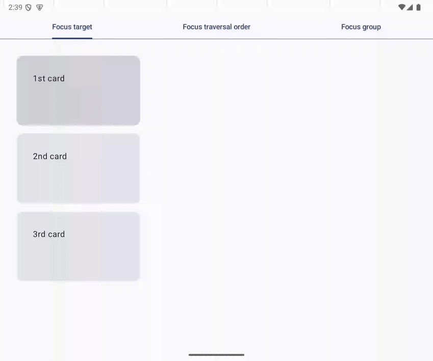La animación GIF muestra el movimiento del enfoque del teclado después de la modificación. Se mueve de la primera tarjeta cuando el usuario presiona la tecla Tab en la primera tarjeta.