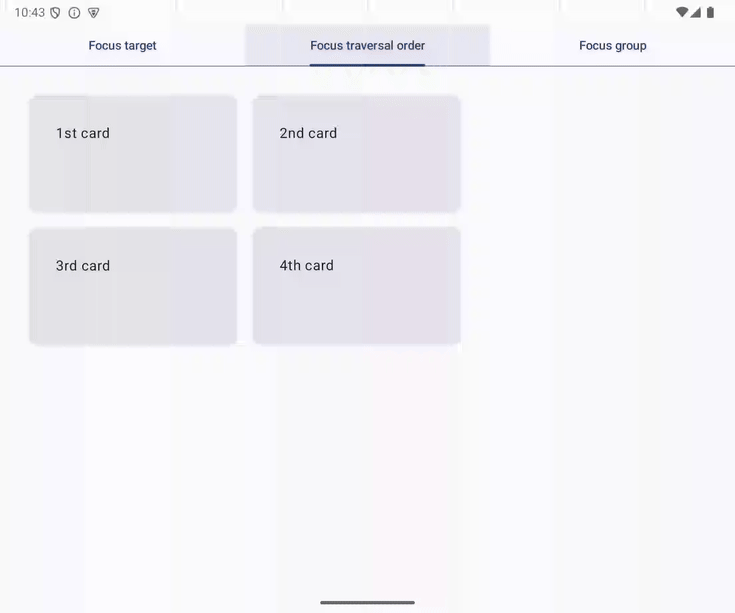 A animação em GIF mostra que o foco do teclado se move de maneira diferente da expectativa do usuário.  O foco muda do primeiro para o terceiro card, depois para o quarto e o segundo. Isso pode ser diferente da expectativa do usuário.