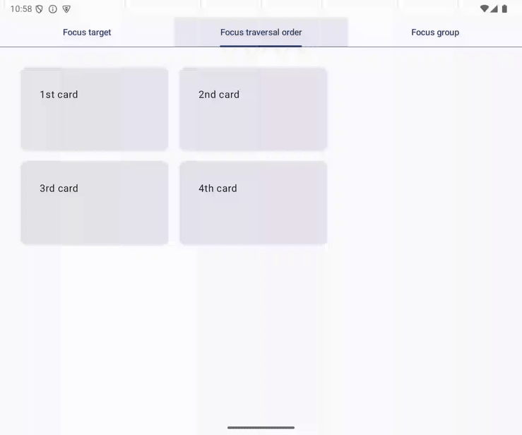Animasi GIF menunjukkan cara fokus keyboard berpindah setelah modifikasi. Fokus berpindah dari kiri ke kanan, atas ke bawah, dalam urutan z.