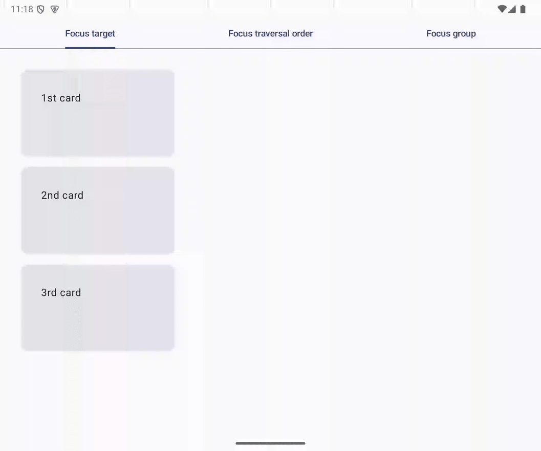 La animación GIF muestra que el usuario debe presionar la tecla Tab tres veces después de seleccionar la pestaña para mover el enfoque del teclado a la primera tarjeta de la pestaña. 