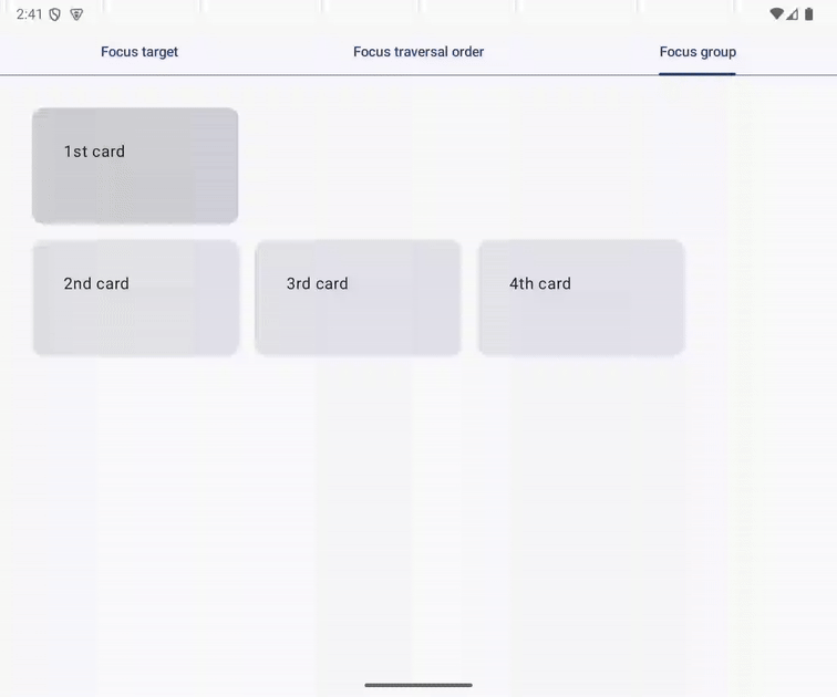 La animación GIF muestra que el enfoque del teclado se mueve a la tarjeta seleccionada anteriormente en una fila cuando vuelve a ingresarlo.