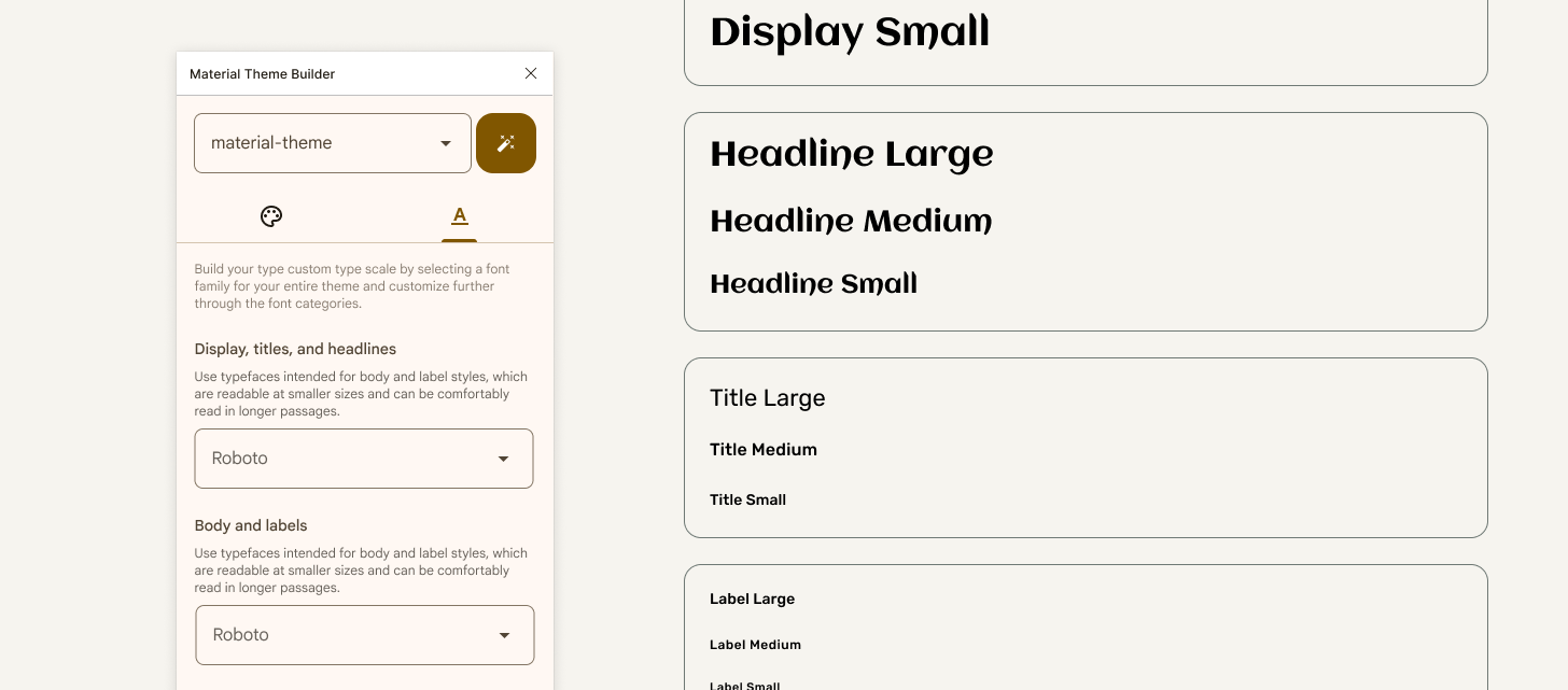 Onglet de thématisation de la typographie dans Material Theme Builder.
