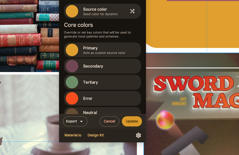 Material Theme Builder dengan input warna inti yang disesuaikan.